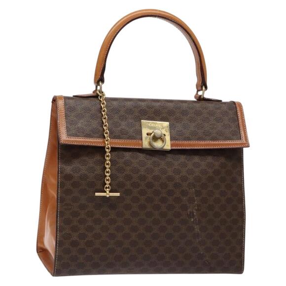 CELINE Macadam Canvas Hand Bag Pvc Leather Brown Gold - Picture 1 of 13